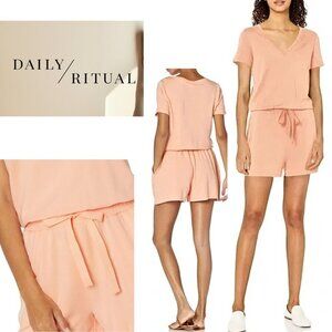 Daily Ritual, Short Sleeve V-neck Romper, Peach,‎ Orange